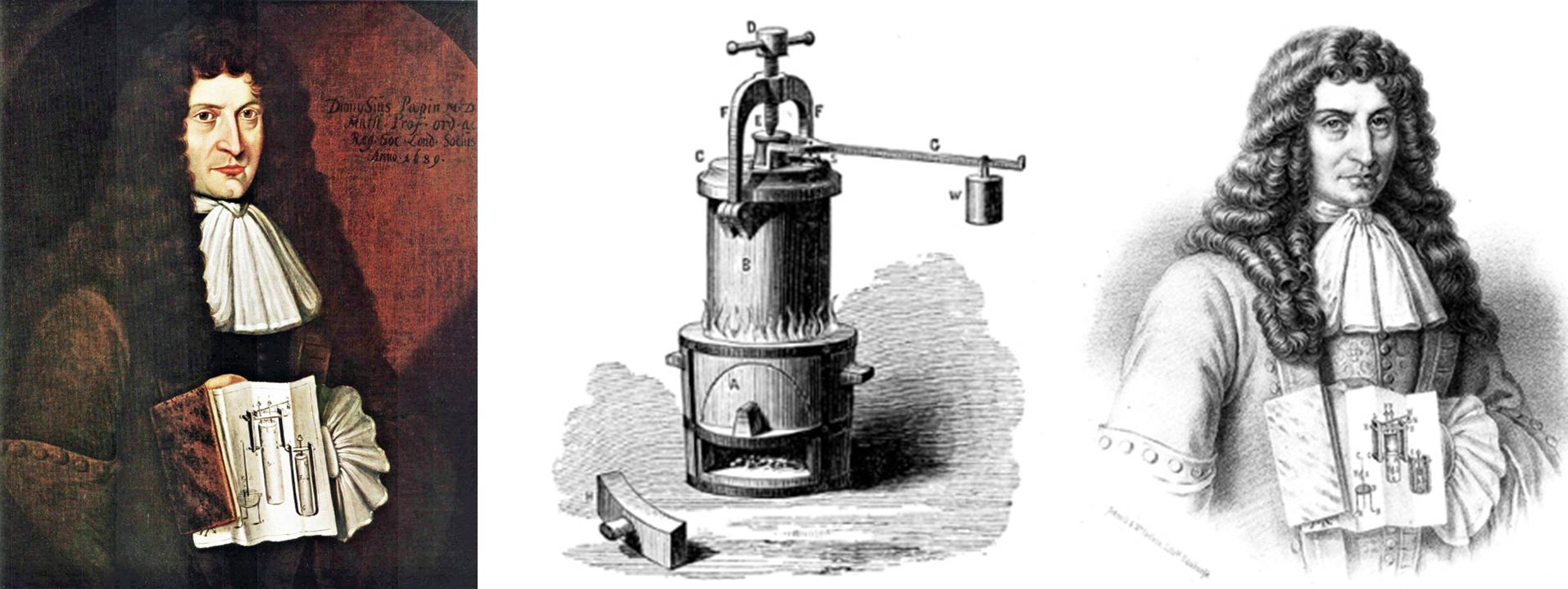 Denis Papin amb el disseny del seu _digestor a vapor_ (esquerra), i un gravat després d'haver-lo inventat. Per la merda de menjar que va fer-hi per la Royal Society n'hauria d'haver dit _indigestor_.